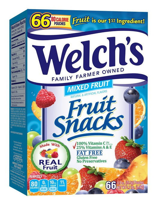 Welch's Fruit Snacks, Mixed Fruit, Gluten Free, Bulk Pack, 0.9 oz Individual Single Serve Bags (Pack of 66)