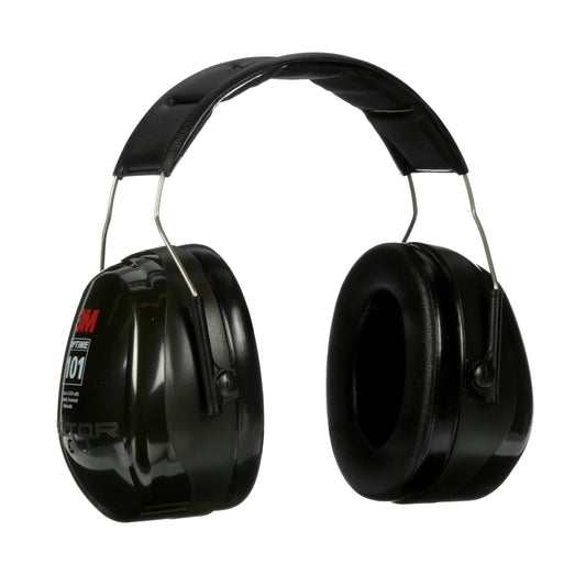 3M PELTOR Hearing Protection Optime 101 Earmuffs, Over the Head, H7A, 25 dB NRR, Adjustable Earcups, E-A-Rfit Compatible, Stainless Steel, Pack of 1, Black/Red