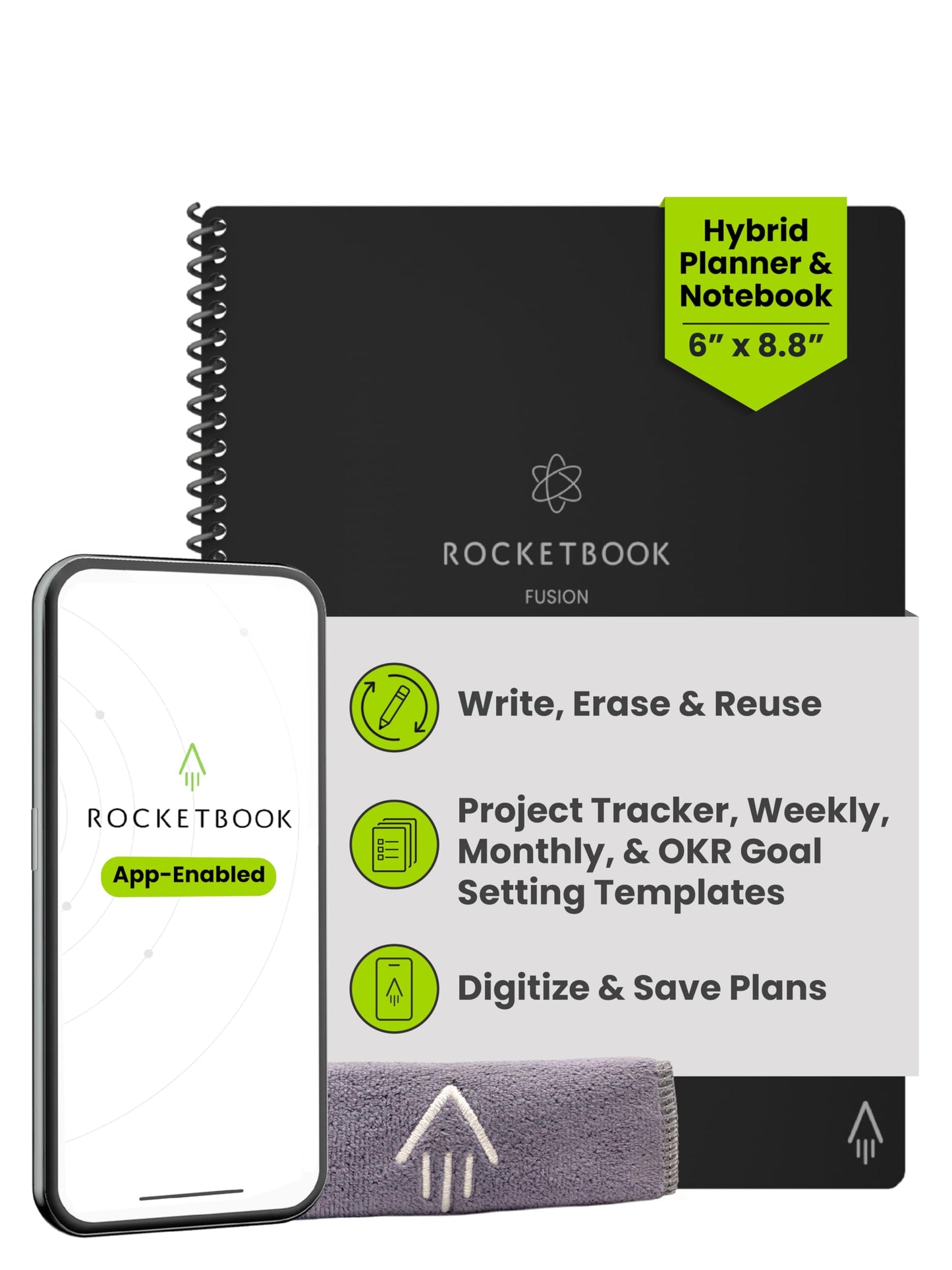 Rocketbook Fusion Hybrid Reusable Planner and Notebook in One, Additional Blank Pages, Goal and Project Tracker, Undated Planner, Letter Size 8.5x11, Black (Pack of 1)