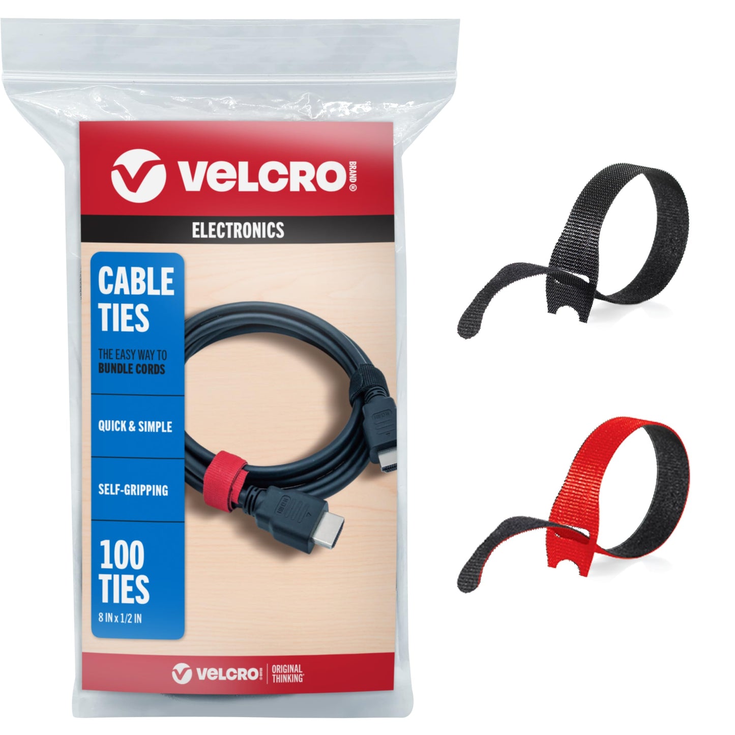 VELCRO Brand ONE-WRAP Cable Ties, 100Pk, 8 x 1/2" Black Cord Organization Straps, Thin Pre-Cut Design, Wire Management for Organizing Home, Office and Data Centers