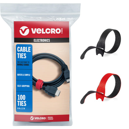 VELCRO Brand ONE-WRAP Cable Ties, 100Pk, 8 x 1/2" Black Cord Organization Straps, Thin Pre-Cut Design, Wire Management for Organizing Home, Office and Data Centers