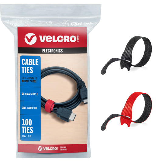 VELCRO Brand ONE-WRAP Cable Ties, 100Pk, 8 x 1/2" Black Cord Organization Straps, Thin Pre-Cut Design, Wire Management for Organizing Home, Office and Data Centers