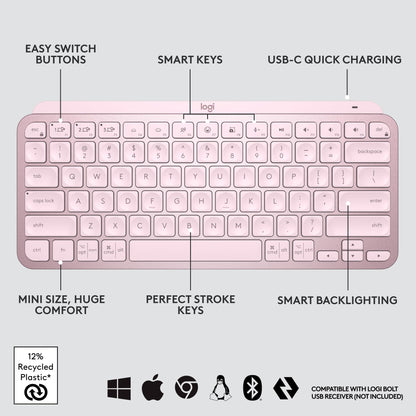Logitech MX Keys Mini Minimalist Wireless Illuminated Keyboard, Compact, Bluetooth, Backlit, USB-C, Compatible with Apple macOS, iOS, Windows, Linux, Android, Metal Build - Graphite