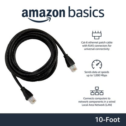 Amazon Basics RJ45 Cat-6 Ethernet Patch Internet Cable, 1Gbps Transfer Speed, Gold-Plated Connectors, Universal Connectivity for PC, TV, Tablet, Router, Printer, 5 Foot, Black