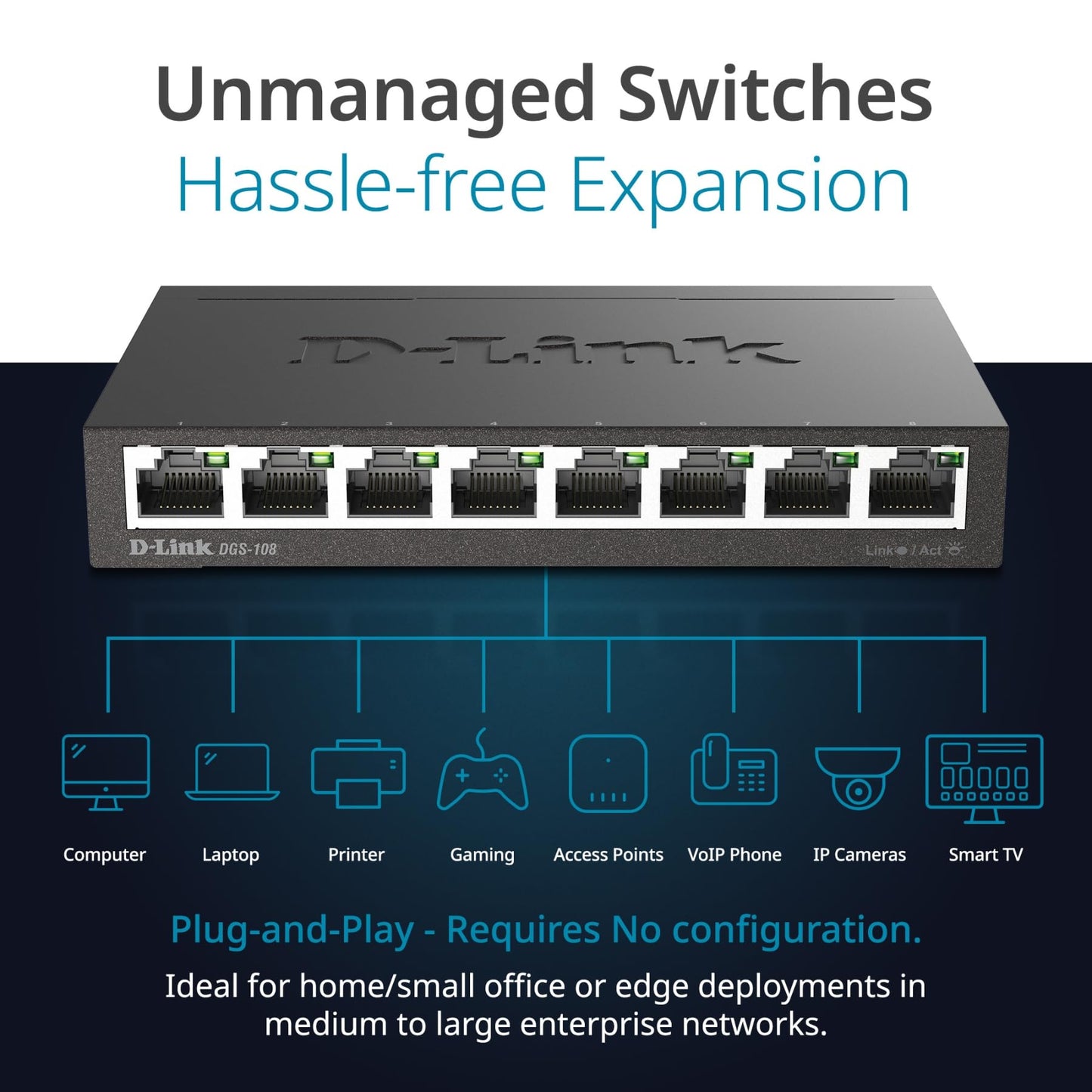 D-Link Ethernet Switch, 5 Port Gigabit Unmanaged Metal Desktop Plug and Play Compact (DGS-105),Black