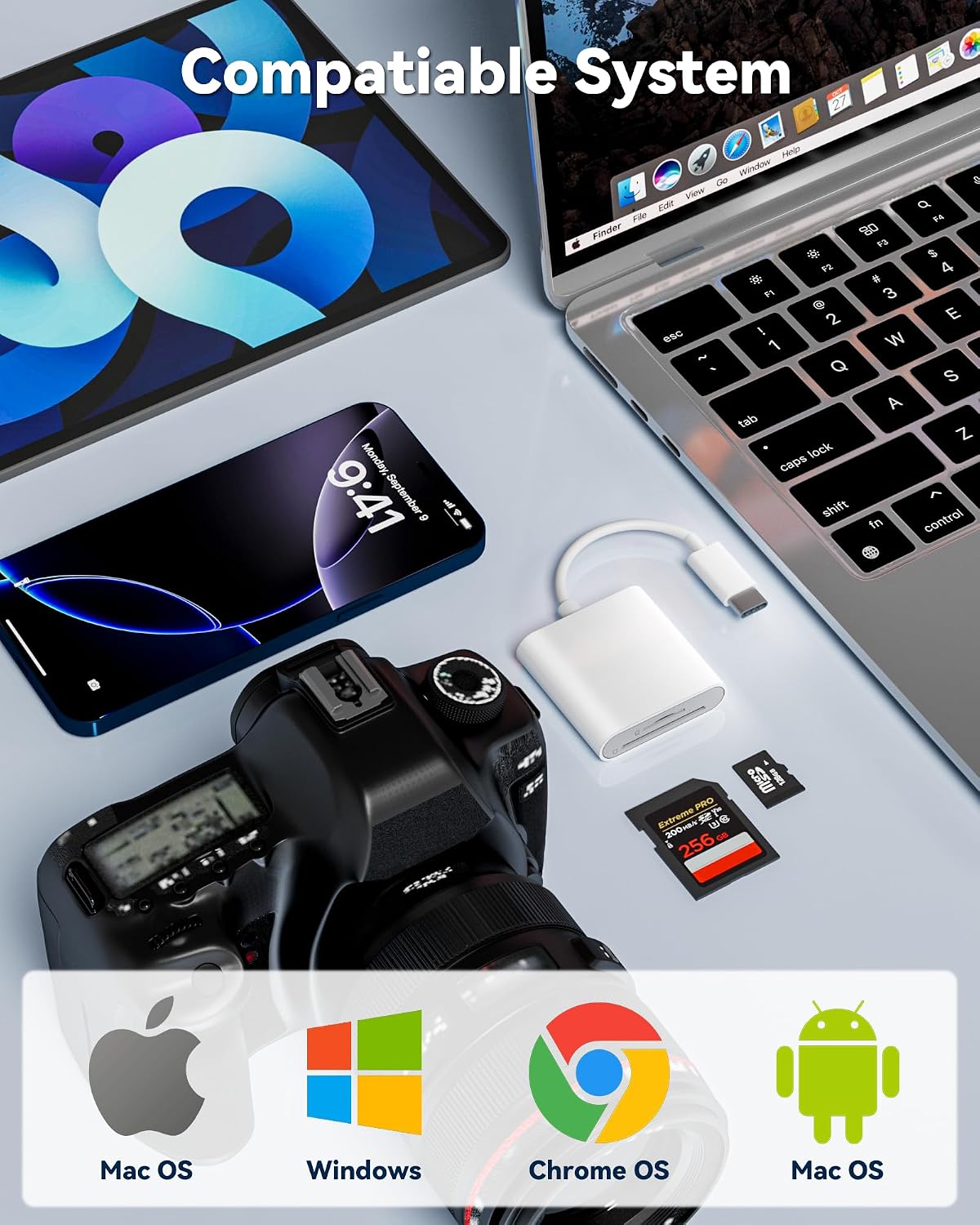USB-C SD Card Reader, Dual Slot SD/MicroSD Adapter for iPhone 17/16/15