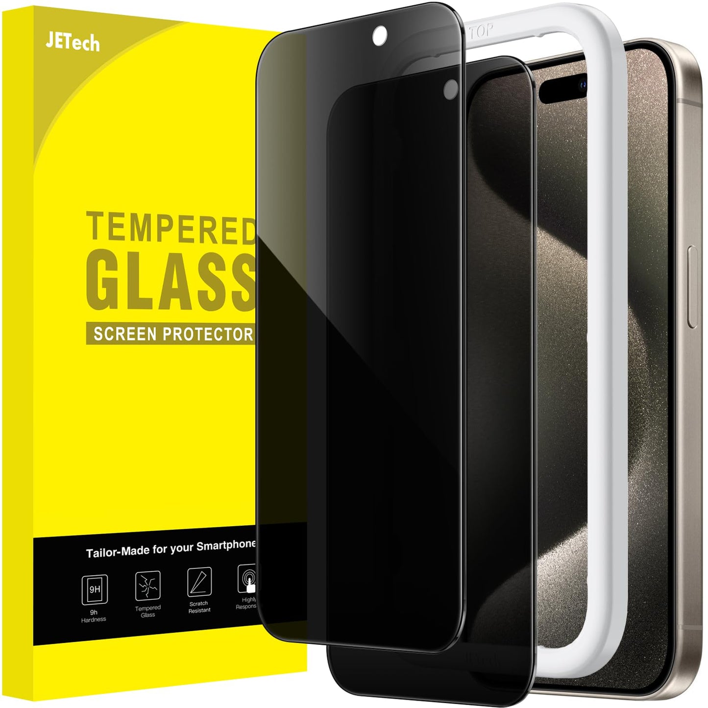 JETech Privacy Screen Protector for iPhone 15 6.1-Inch, Anti-Spy Tempered Glass Film with Easy Installation Tool, 2-Pack
