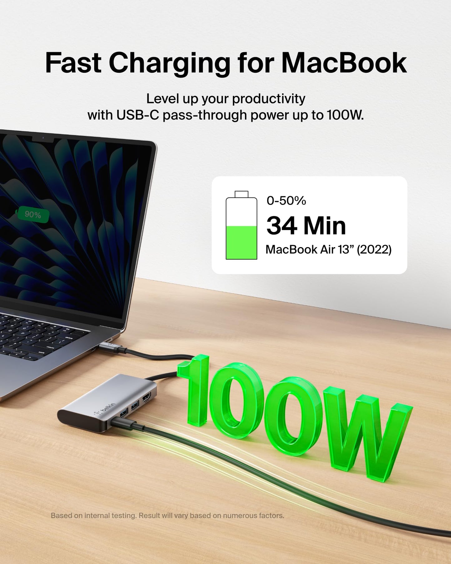 Belkin USB C Hub, 4-in-1 Multi-Port Laptop Dock with 4K HDMI, USB C Docking Station with 100 Watt Pass-Through Power Delivery, 2 X USB A Ports For MacBook Pro, Air, iPad Pro, Chromebook and More