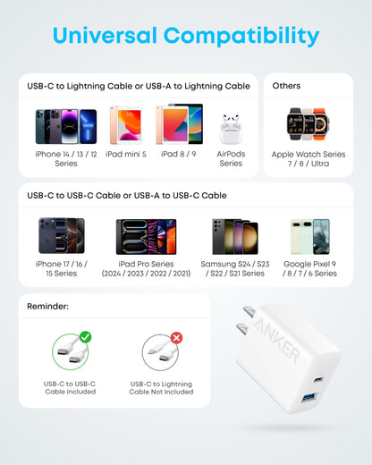 Anker iPhone 17/16 Charger, 2-Pack 20W Fast USB C Charger Block, for iPhone 16/16 Pro Max/15 Series/iPad Pro and More (Black, 2 Pack & 2 Cable)