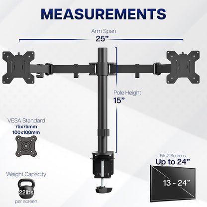 VIVO Dual Monitor Desk Mount, Holds 2 Computer Screens up to 30 inches and 22lbs Each, Heavy Duty Fully Adjustable Steel Stand with C-Clamp and Grommet, Black, STAND-V002