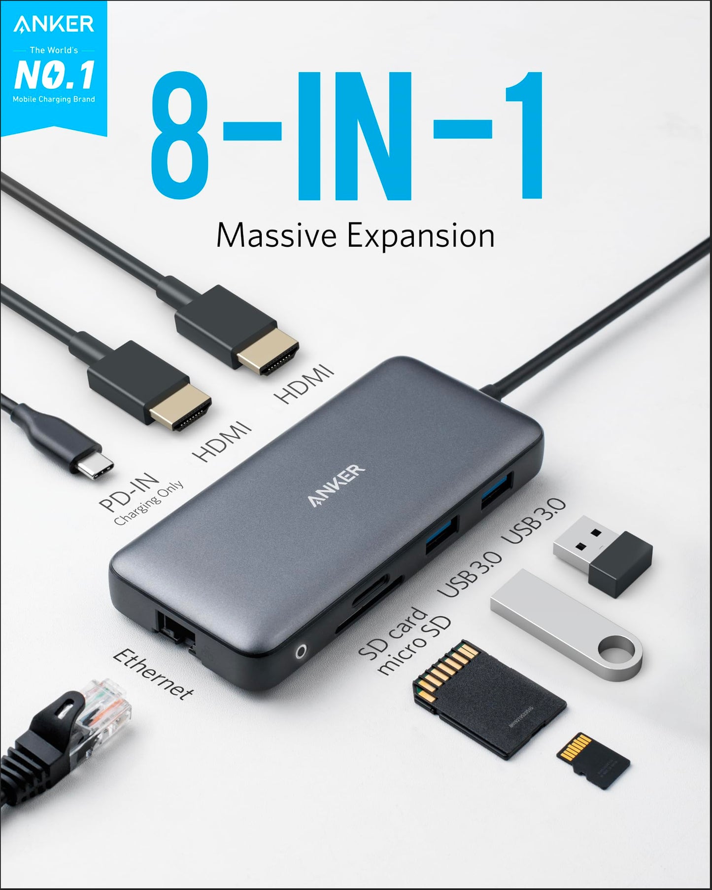 Anker USB C Hub, 7in1 Multi-Port USBC Hub with 4K HDMI, 85W PD, USB-C and 2 USB-A 5Gbps Data Ports, microSD and SD Card Reader, for MacBook Air, MacBook Pro, XPS, and More (Charger not Included)