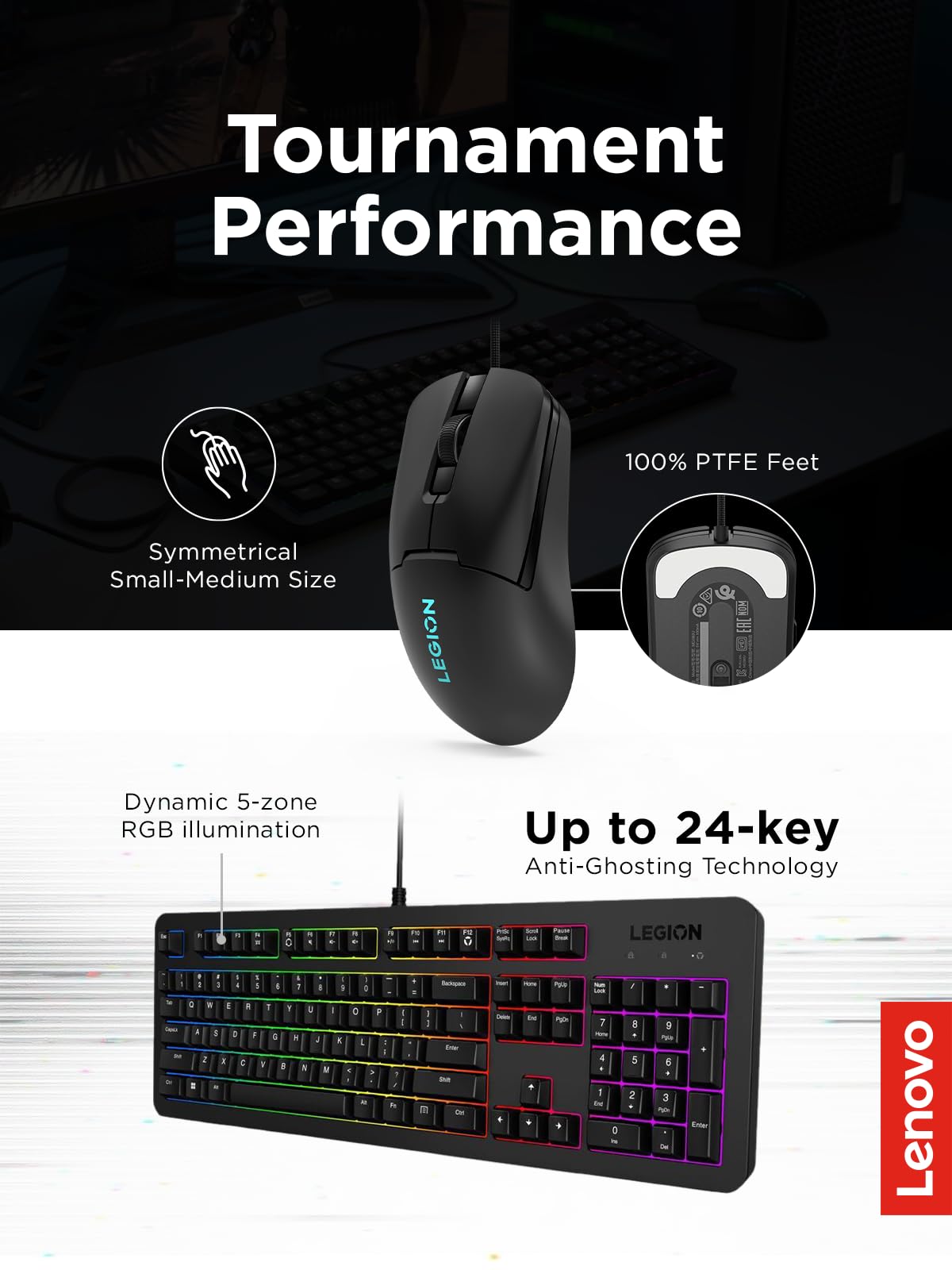 Lenovo GY40T26478 Legion K500 RGB Mechanical Gaming Keyboard, 3 ZONE Full-size Keyboard, 7 user Programmable Hot Keys; 16.8 Million Colors, 50 Million-Click Red Mechanical Keys, Detachable Palm Rest