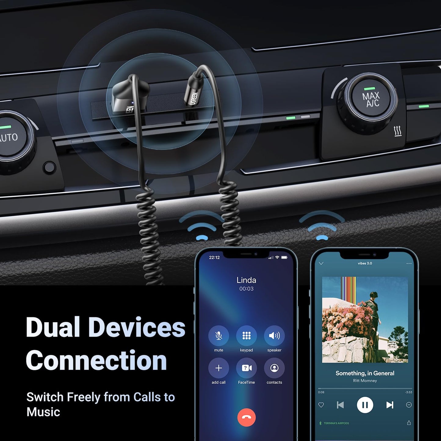 UGREEN Aux to Bluetooth 6.0 Adapter 3.5mm Bluetooth Receiver for Car USB 2.0 to 3.5mm Jack Kit with Built-in Microphone Aux Input for Hands-Free Calls Compatible with Car Speaker and Home Audio