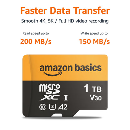 Amazon Basics 128GB microSDXC Memory Card with Adapter for Smartphones, Drones, Cameras, Full HD, Read Speed Up to 200MB/s, 1-Pack