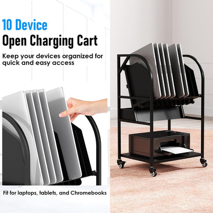 2 Tier Open Laptop Charging Cart with Wheels, 10 Device Mobile Charging Station for chromebook, iPads and Tablet, Laptop Charging Storage Rack for Office and Classroom