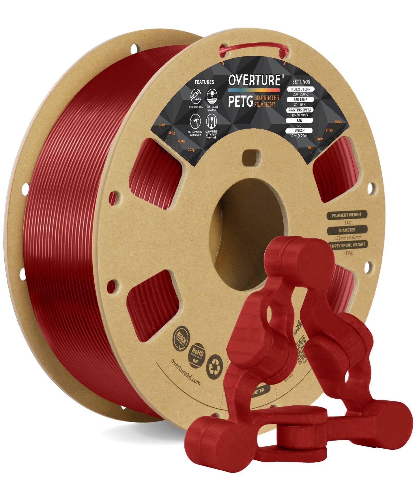 OVERTURE PETG 3D Printer Filament 1.75mm, Neatly Wound Durable PETG 1kg Spool (2.2lbs), Strong Toughness Filament, Dimensional Accuracy +/- 0.02mm, Fit Most FDM Printers (Black (1-Pack))