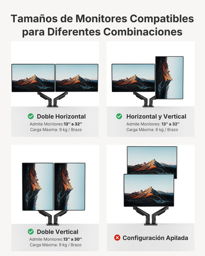 HUANUO FlowLift™ Dual Monitor Stand, Fully Adjustable Gaming Monitor Desk Mount for 13–32″ Computer Screens, Full Motion VESA 75x75/100x100 with C-Clamp & Grommet Base, Each Arm Holds 4.4 to 19.8 lbs