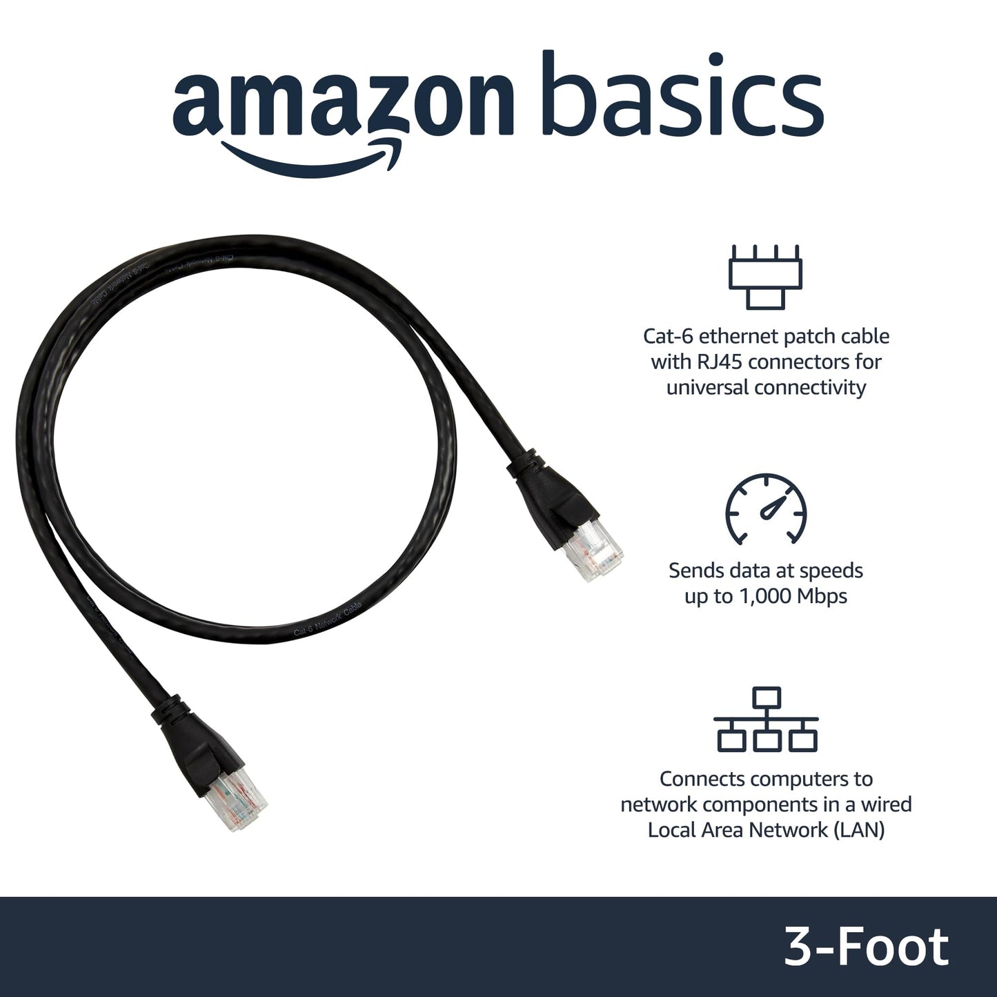 Amazon Basics RJ45 Cat-6 Ethernet Patch Internet Cable, 1Gbps Transfer Speed, Gold-Plated Connectors, Universal Connectivity for PC, TV, Tablet, Router, Printer, 5 Foot, Black