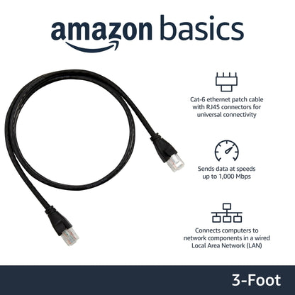 Amazon Basics RJ45 Cat-6 Ethernet Patch Internet Cable, 1Gbps Transfer Speed, Gold-Plated Connectors, Universal Connectivity for PC, TV, Tablet, Router, Printer, 5 Foot, Black