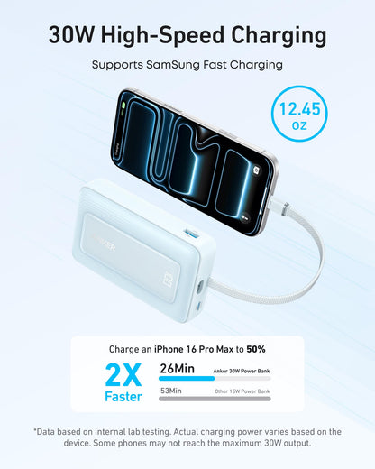 Anker Zolo Power Bank (2025 Upgraded Version), 20,000mAh 30W High-Speed Portable Charger with Built-in USB-C Cable, Battery Pack for iPhone 17/16 / 15 Series, Galaxy, and More