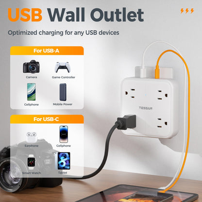TESSAN Multi Plug Outlet Extender, Surge Protector Splitter with 3 USB (1 USB C Port) Wall Charger, Multiple Expander for Travel, Home, College Dorm Room