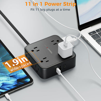 TESSAN Surge Protector Power Strip, 5 Ft Flat Plug Extension Cord with 3 USB (1 USB C) 8 Outlets, 1250W, 900J Protection, 3 Sided Outlet Extender with Power Switch for Office, Dorm Room, Grey