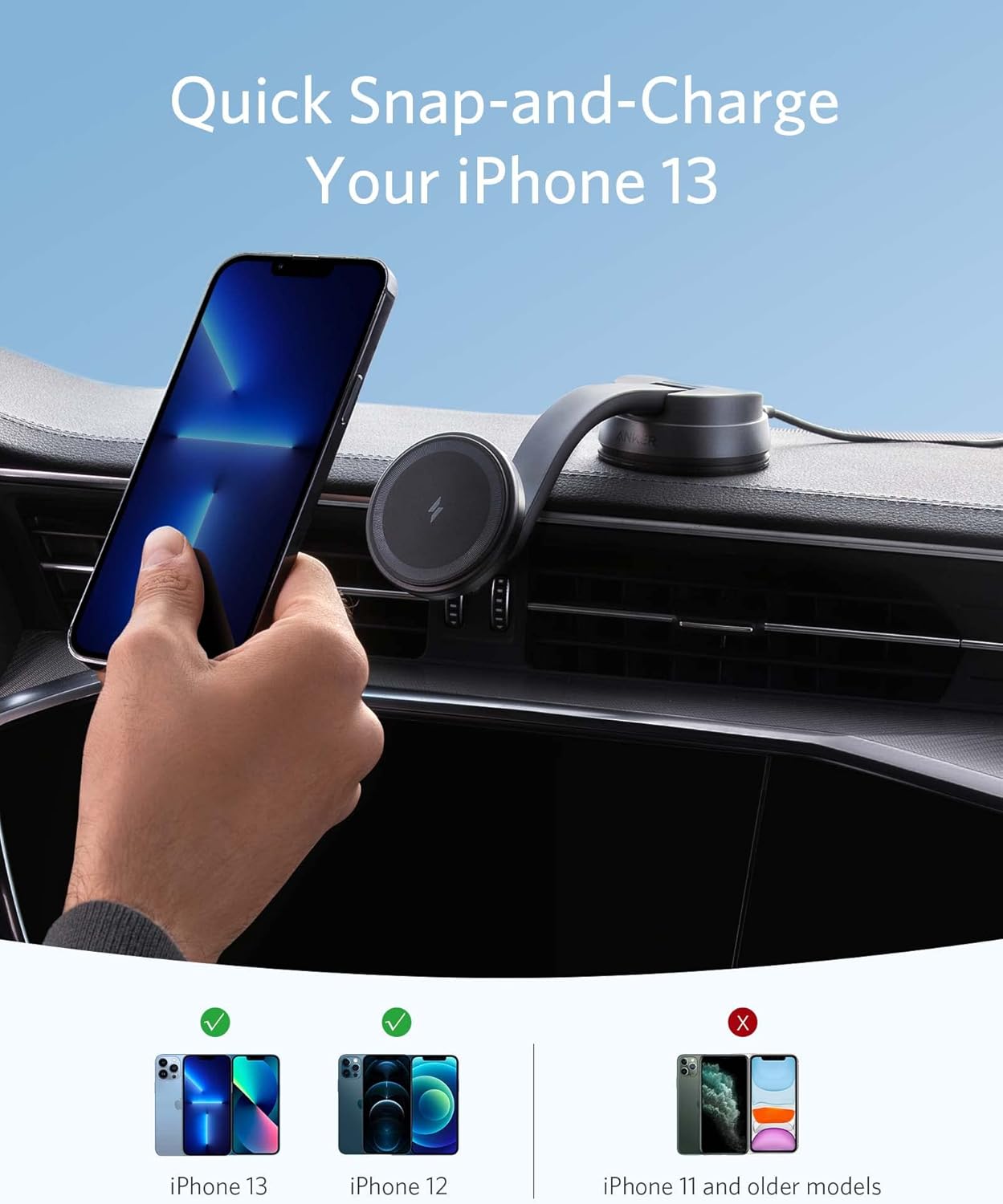 Anker Magnetic Wireless Charger (MagGo), 613 Car Charging Mount with 2-Port Car Charger, 5 ft USB-C to USB-A Cable, Strong Magnetic Alignment for iPhone 16/16 Pro/16 Pro Max/15/15 Pro Max