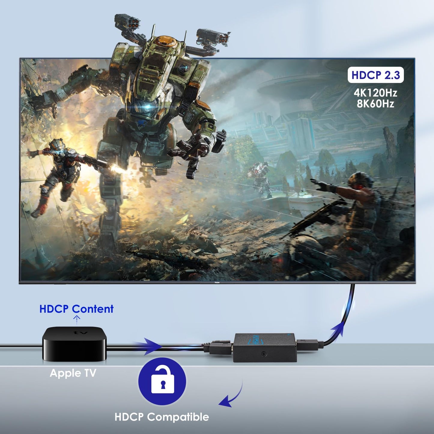 HDMI Splitter 1 in 2 Out 60Hz - HDCP Bypass 2.3, HDR, Dolby/DTS 5.1/7.1 - Compatible with Firestick 4k Max, PS3/PS5 & Elgato HD60s/x/Pro, Apple TV 4K, Retrotink, Roku Stick, NOT for Phone