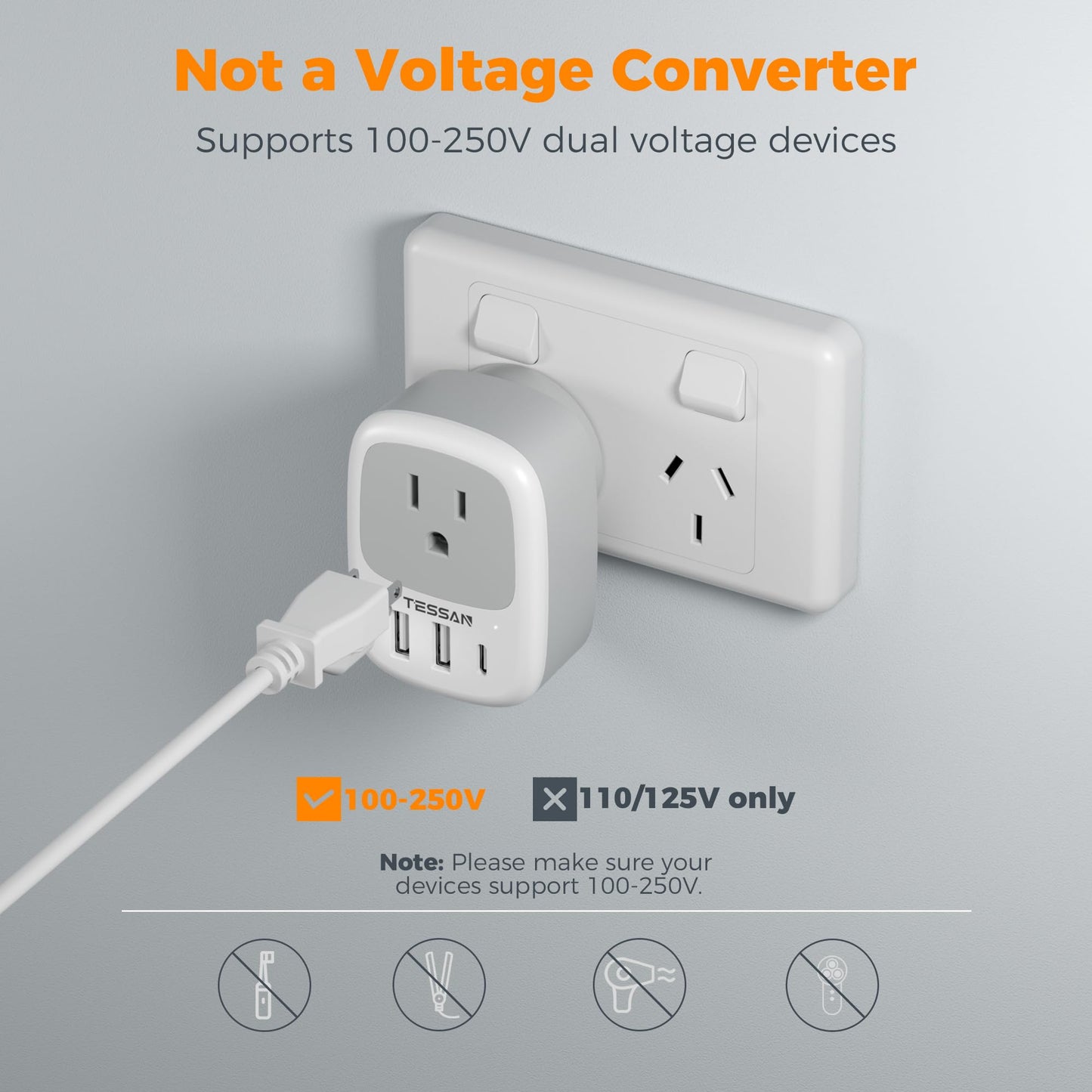 2 Pack European Travel Plug Adapter, TESSAN US to Europe Plug Adapter with 3 USB Ports (1 USB C), Type C Power Outlet for EU International Italy Iceland Spain France Germany