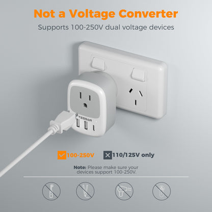 2 Pack European Travel Plug Adapter, TESSAN US to Europe Plug Adapter with 3 USB Ports (1 USB C), Type C Power Outlet for EU International Italy Iceland Spain France Germany