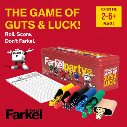 Farkel Party Classic Dice Game | Official Licensed Farkle Set | 36 Dice, 6 Cups, Score Sheets & Storage Tin | Travel Dice Game for Family Game Night | 2+ Players, Ages 8+
