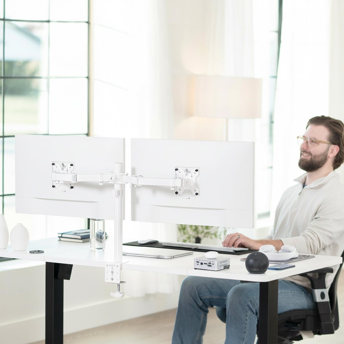VIVO Dual Monitor Desk Mount, Holds 2 Computer Screens up to 30 inches and 22lbs Each, Heavy Duty Fully Adjustable Steel Stand with C-Clamp and Grommet, Black, STAND-V002