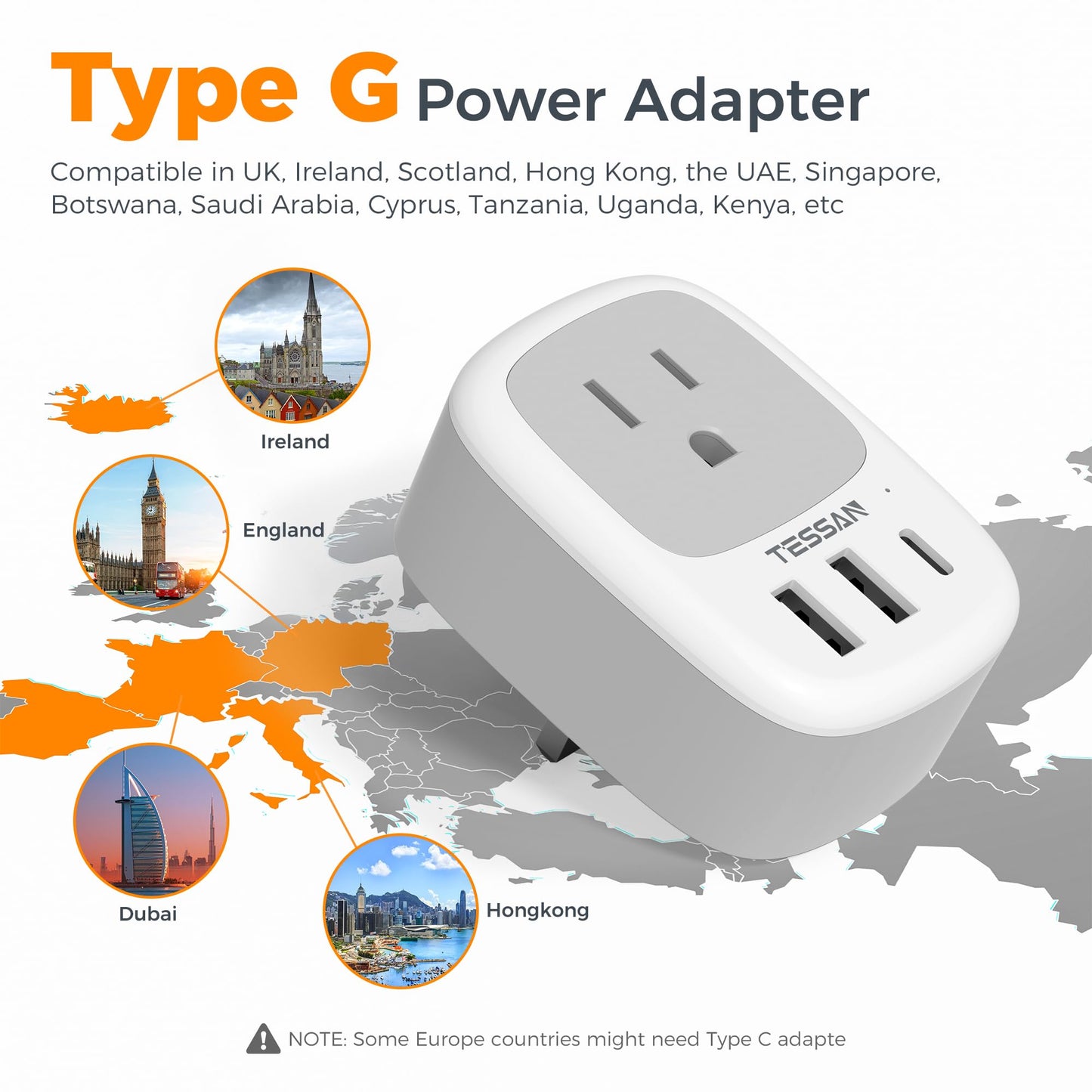2 Pack European Travel Plug Adapter, TESSAN US to Europe Plug Adapter with 3 USB Ports (1 USB C), Type C Power Outlet for EU International Italy Iceland Spain France Germany