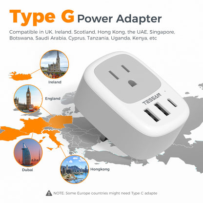 2 Pack European Travel Plug Adapter, TESSAN US to Europe Plug Adapter with 3 USB Ports (1 USB C), Type C Power Outlet for EU International Italy Iceland Spain France Germany