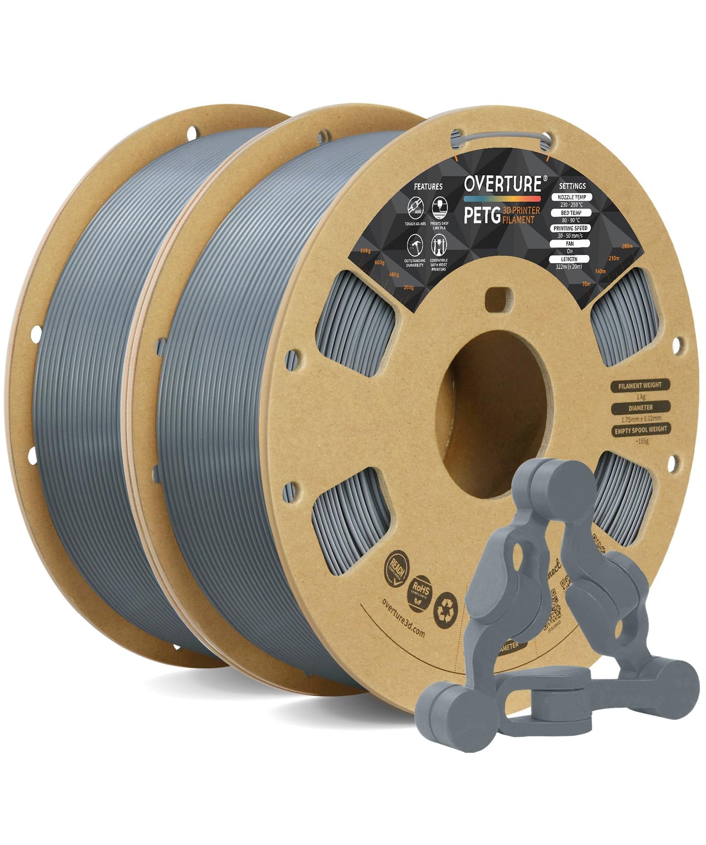 OVERTURE PETG 3D Printer Filament 1.75mm, Neatly Wound Durable PETG 1kg Spool (2.2lbs), Strong Toughness Filament, Dimensional Accuracy +/- 0.02mm, Fit Most FDM Printers (Black (1-Pack))
