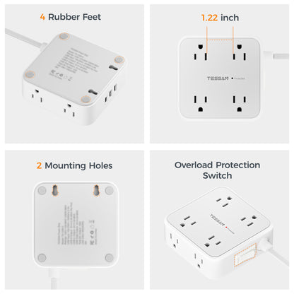 TESSAN Surge Protector Power Strip, 5 Ft Flat Plug Extension Cord with 3 USB (1 USB C) 8 Outlets, 1250W, 900J Protection, 3 Sided Outlet Extender with Power Switch for Office, Dorm Room, Grey