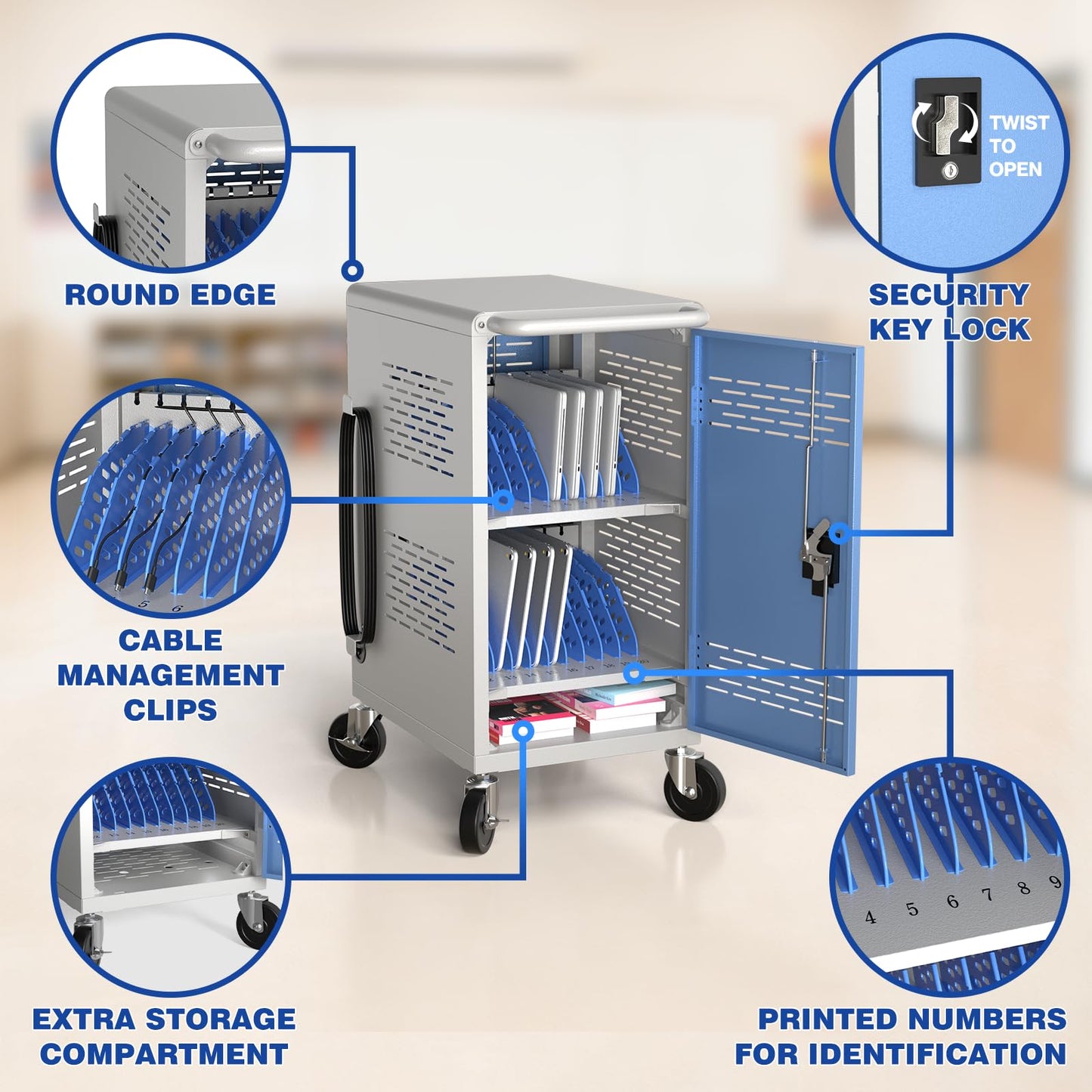 Fully Assembled 20 Devices Laptop Charging Cart - Tablet Storage Cart for Chromebook iPad, Mobile Laptop Charging Station for Classroom Office - Includes Cable Management & Detachable Door, Black