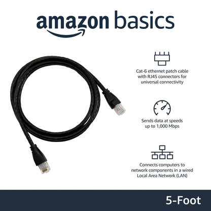 Amazon Basics RJ45 Cat-6 Ethernet Patch Internet Cable, 1Gbps Transfer Speed, Gold-Plated Connectors, Universal Connectivity for PC, TV, Tablet, Router, Printer, 5 Foot, Black