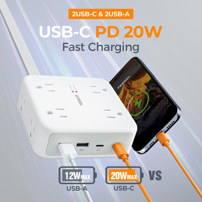 TESSAN Dual Surge Protector Power Strip, 5 Ft Extension Cord Flat Wall Plug with 4 USB (2 USB C) 8 Outlets, 2100J Surge Protection, 20W Multiple Charging Station for Home, Office, College, Dorm, Grey