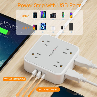 TESSAN Surge Protector Power Strip, 5 Ft Flat Plug Extension Cord with 3 USB (1 USB C) 8 Outlets, 1250W, 900J Protection, 3 Sided Outlet Extender with Power Switch for Office, Dorm Room, Grey