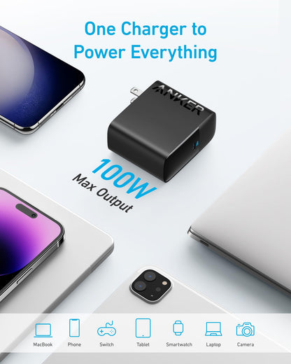 Anker MacBook Charger, Compact and Foldable 100W USB C Charger for MacBook Air, Samsung Galaxy, iPhone 17/16 Series, iPad Pro, and More, 5FT USB C Cable Included