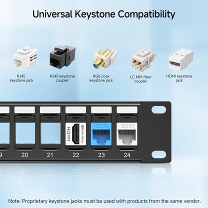 Cable Matters Rackmount or Wall Mount 1U 24 Port Keystone Patch Panel with Cable Management and Support Bar, 19-inch Blank Patch Panel for Keystone Jacks