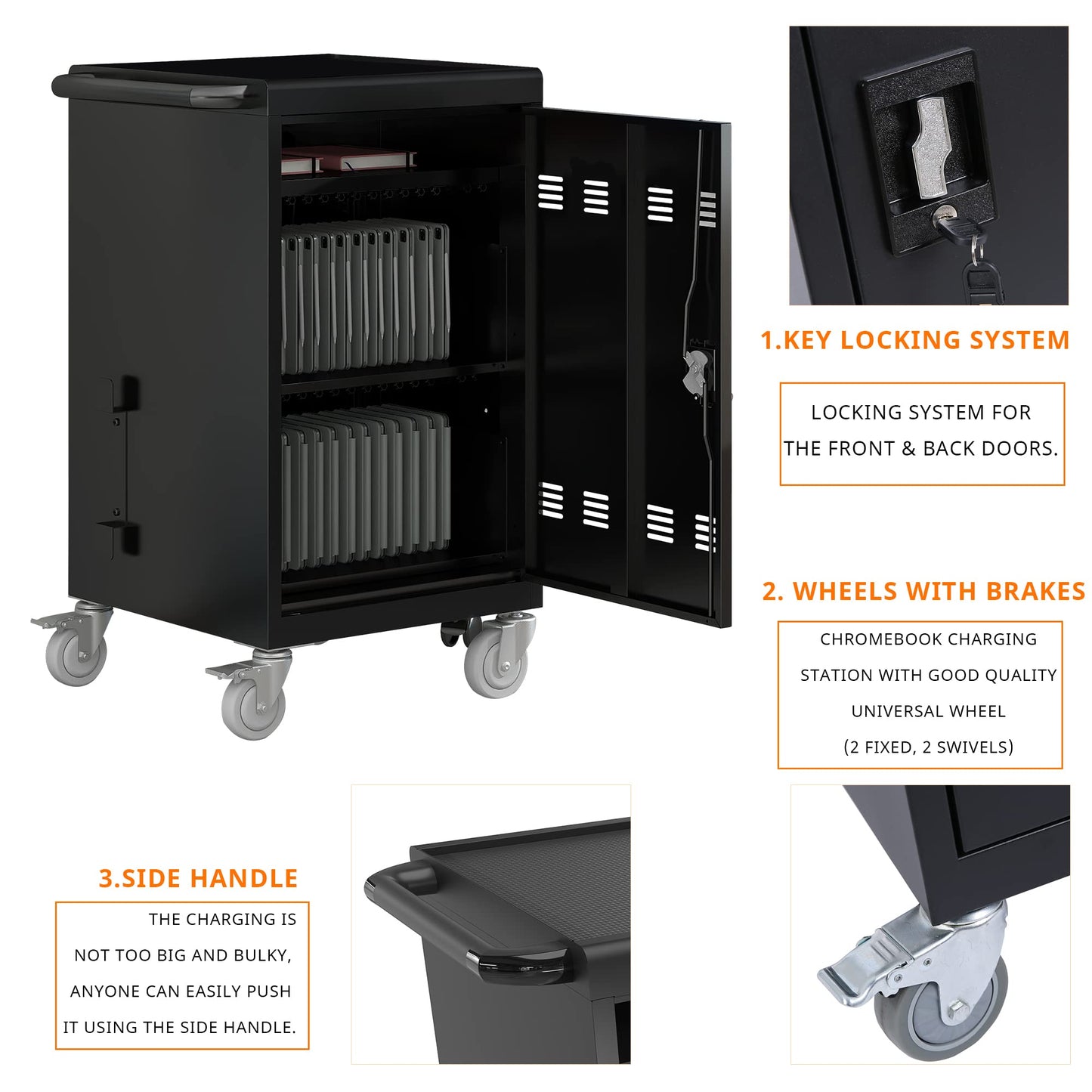 35 Device Mobile Charging Cart, Chromebooks and Laptop Computers, Locking Charging Station with Lock & Key for The Front Back Door, Surge Protection