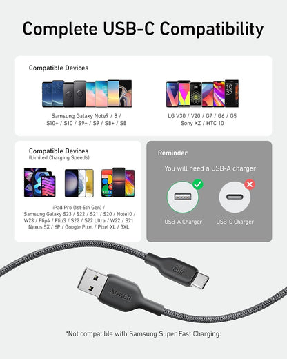 Anker Cable Bio-Briaded, Durable USB A to USB C Charger Cable for Samsung Galaxy Note Series, LG V30 (2 Pack, 6FT, Black)