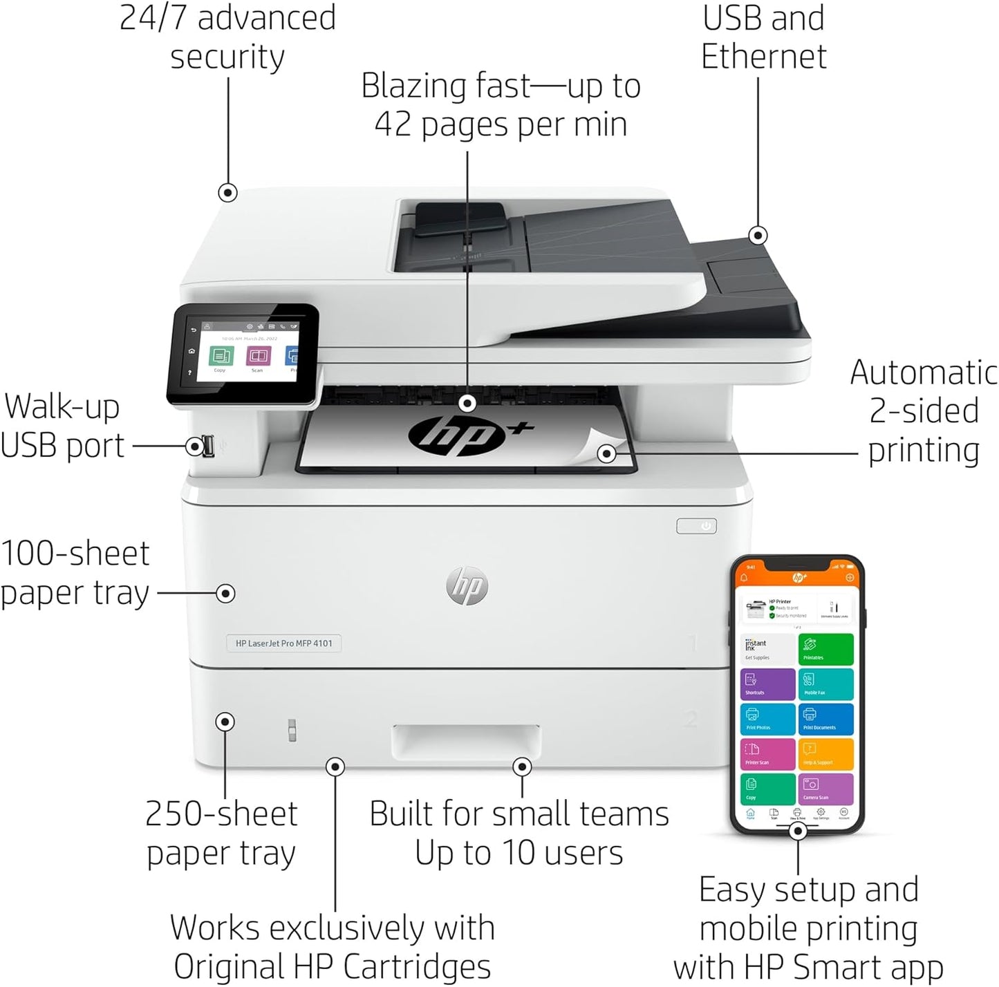 HP LaserJet Pro MFP 4101fdne Black & White Monochrome Printer with HP+ Smart Office Features and Fax