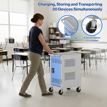 Fully Assembled 20 Devices Laptop Charging Cart - Tablet Storage Cart for Chromebook iPad, Mobile Laptop Charging Station for Classroom Office - Includes Cable Management & Detachable Door, Black