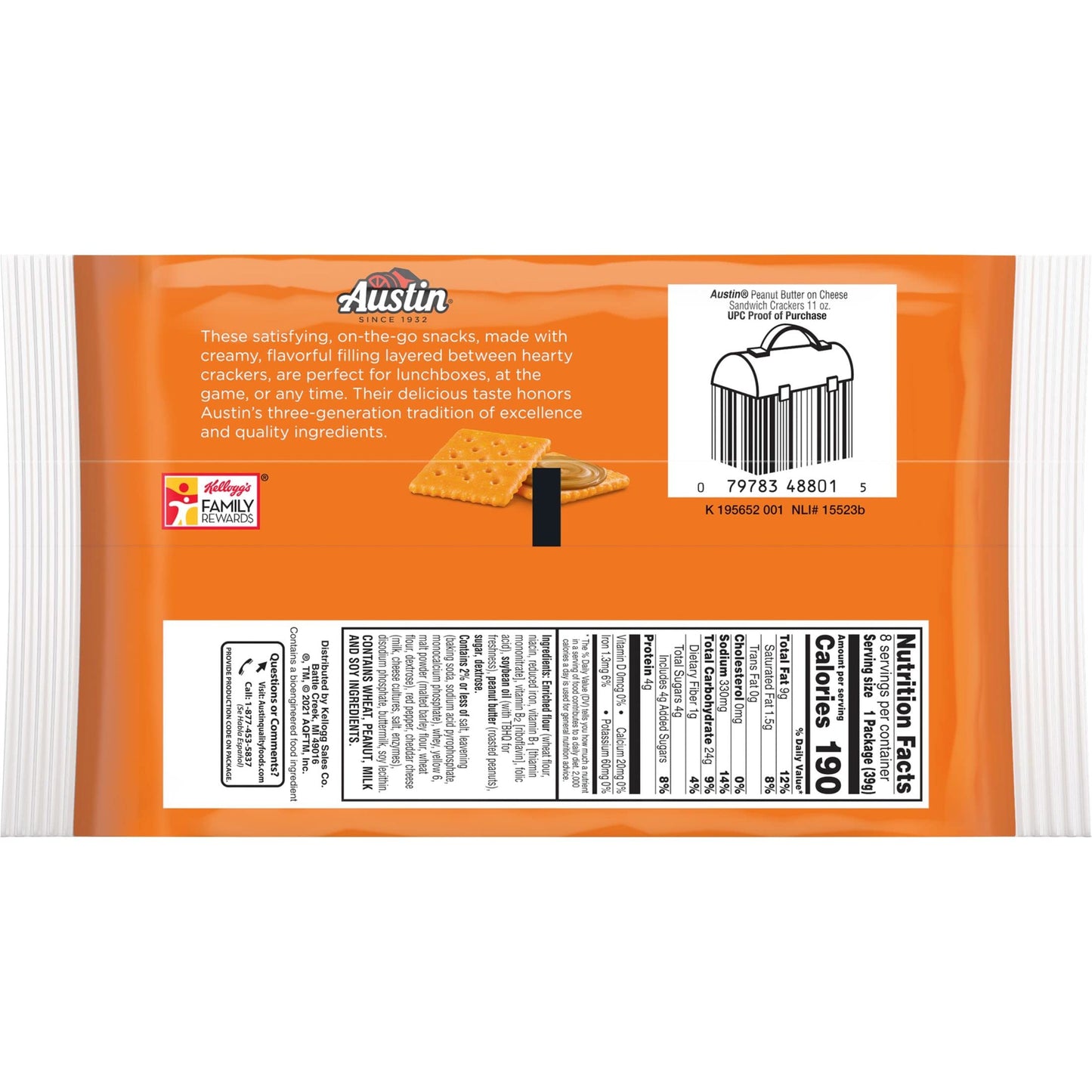 Austin Sandwich Crackers, Single Serve Snack Crackers, Office and Kids Snacks, Peanut Butter on Cheese (12 Trays, 96 Packs)