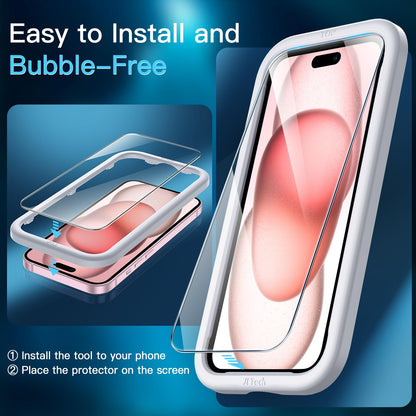 JETech Screen Protector for iPhone 15 6.1-Inch, Bubble Free, Tempered Glass Film with Easy Installation Tool, Case-Friendly, HD Clear, 2-Pack