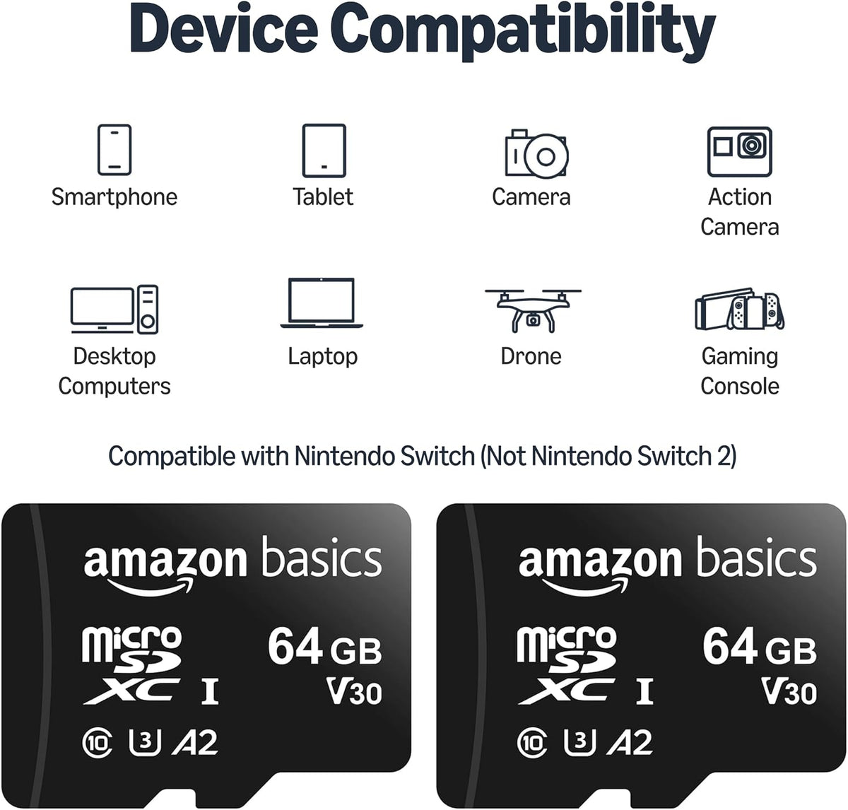 Amazon Basics microSDXC Memory Card with Full Size Adapter, A2, U3, Read Speed up to 100 MB/s, 64GB, Black (2pack)