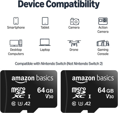 Amazon Basics microSDXC Memory Card with Full Size Adapter, A2, U3, Read Speed up to 100 MB/s, 64GB, Black (2pack)